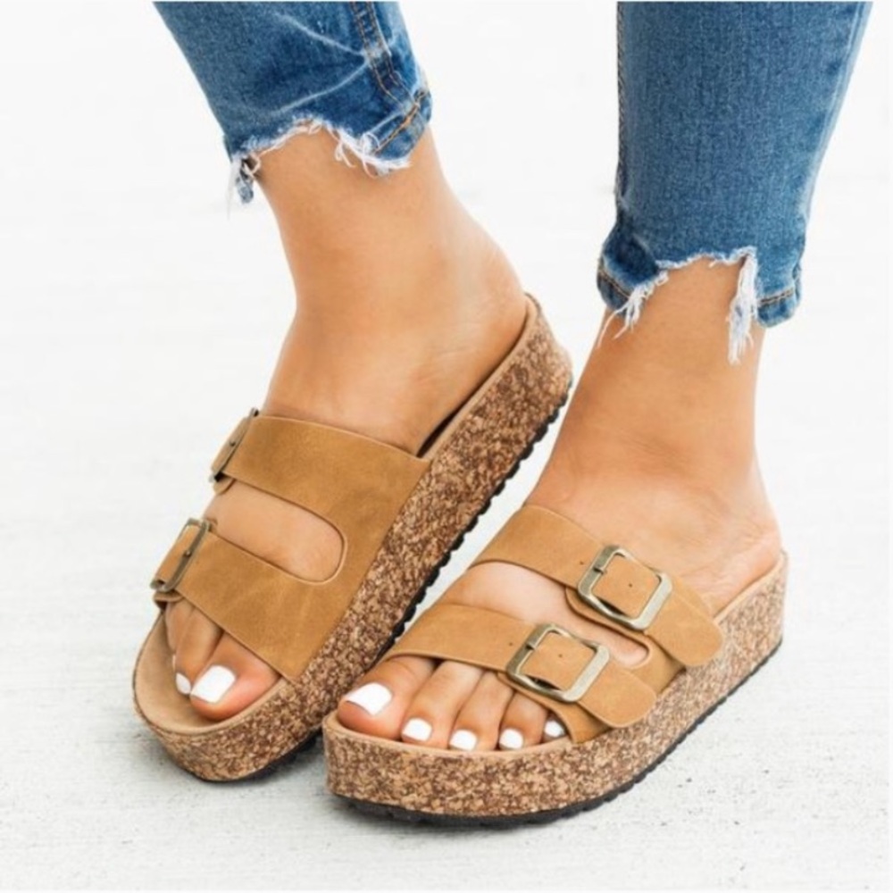 Tan Double Buckle Cork Platform Slip On Sandals - Picture 2 of 2